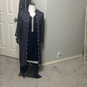 Navy Blue kurta bandhani print jacket style tulip pants, duppatta silver trim
S